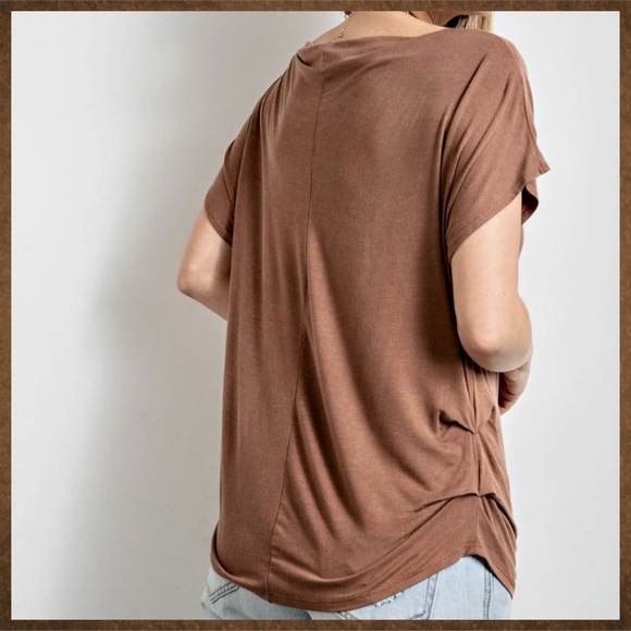 EASEL Ruched Sides Slouchy Short Dolman Sleeves Slinky Boat Neck Top Scooped Hem - Picture 5 of 13